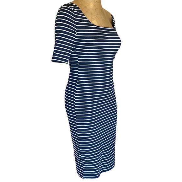 Popular Basics Bodycon Navy & White Striped Dress Sz M #287J - Picture 2 of 6